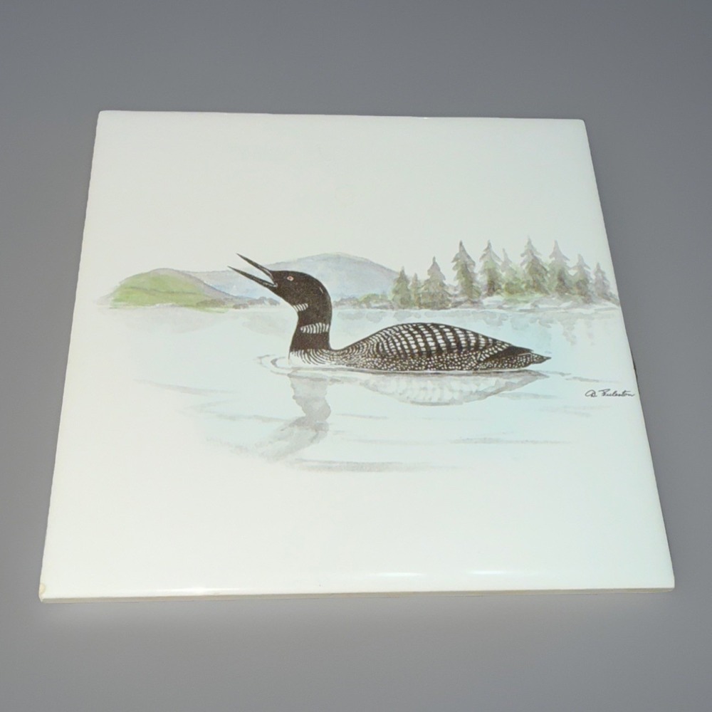 Vintage Loon on the Lake Bird Art Tile Black White Square Signed